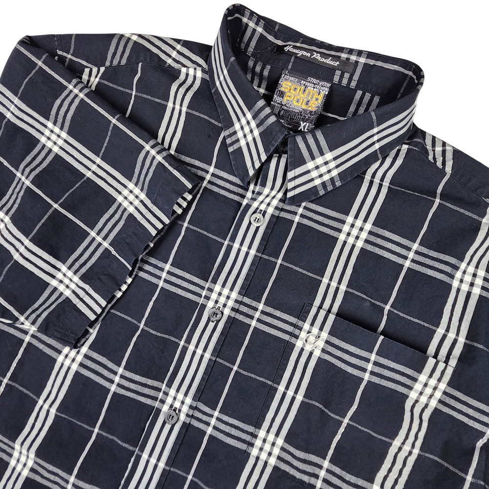VTG Southpole Star Voyage Shirt Mens XL Black Plaid SS Logo Y2K Skater Street